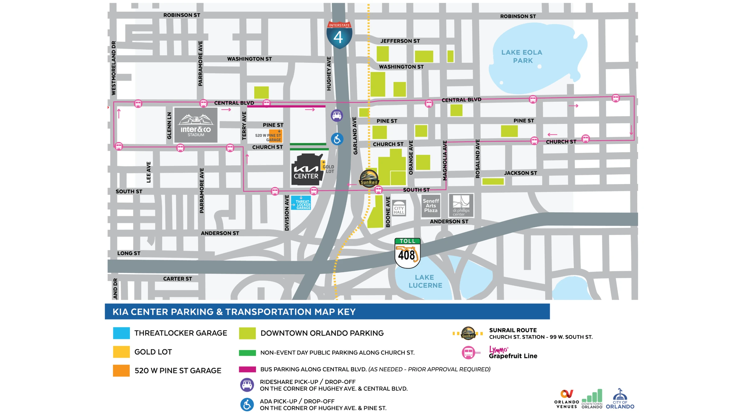 The original Kia Center parking and transportation map, a static graphic