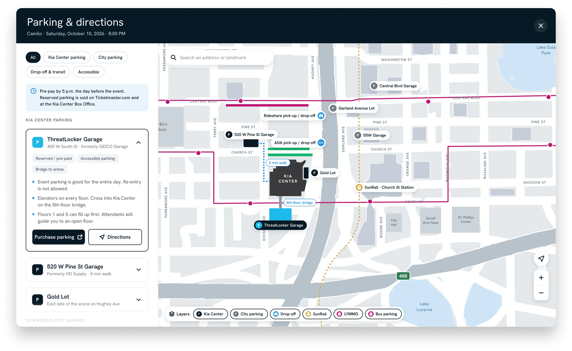 Parking and directions modal with filters, garage details, a pre-pay link, and an interactive map of the area around Kia Center