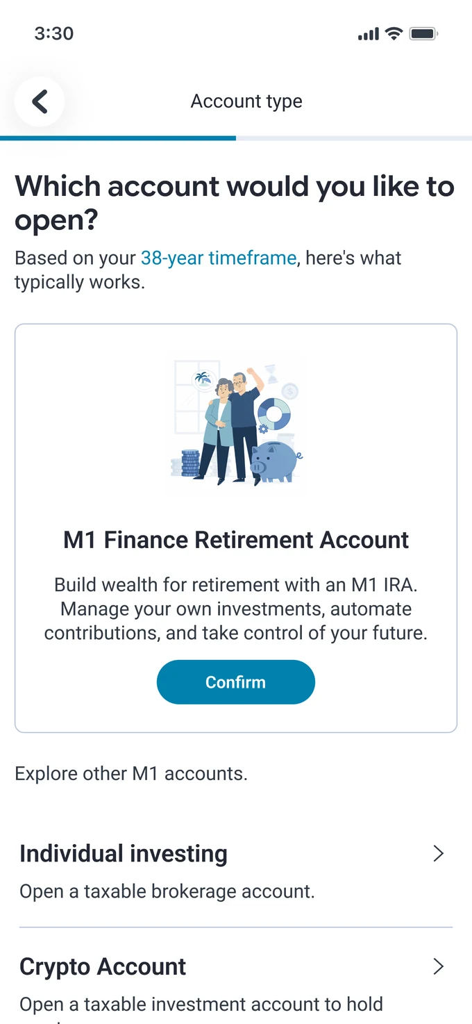 Account type screen recommending an M1 Finance Retirement Account