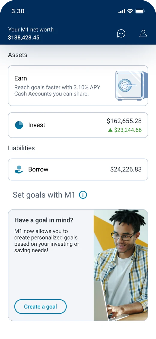 M1 home dashboard before setting a goal