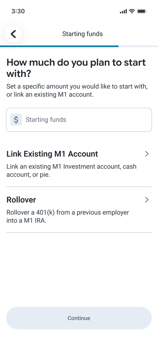 Starting funds screen