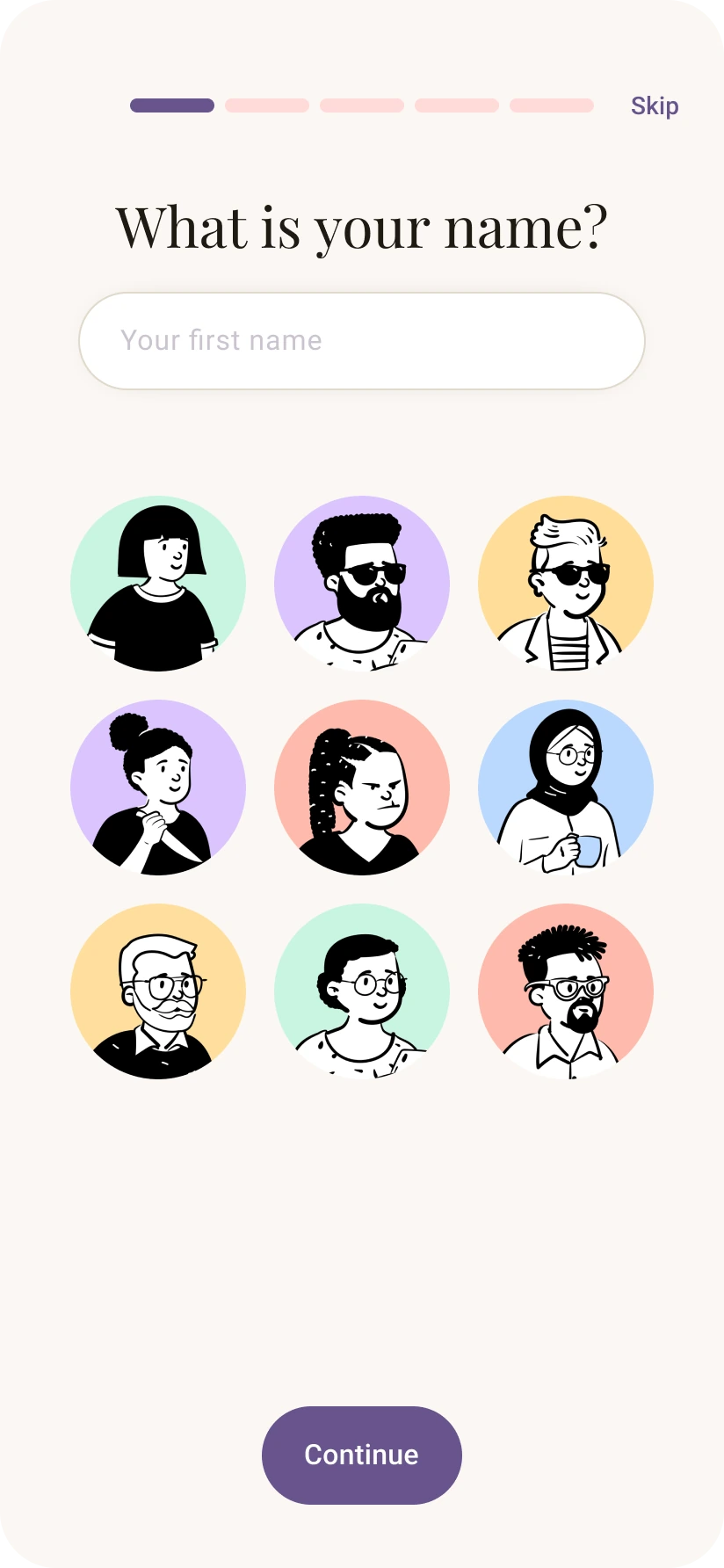 Name and avatar selection screen