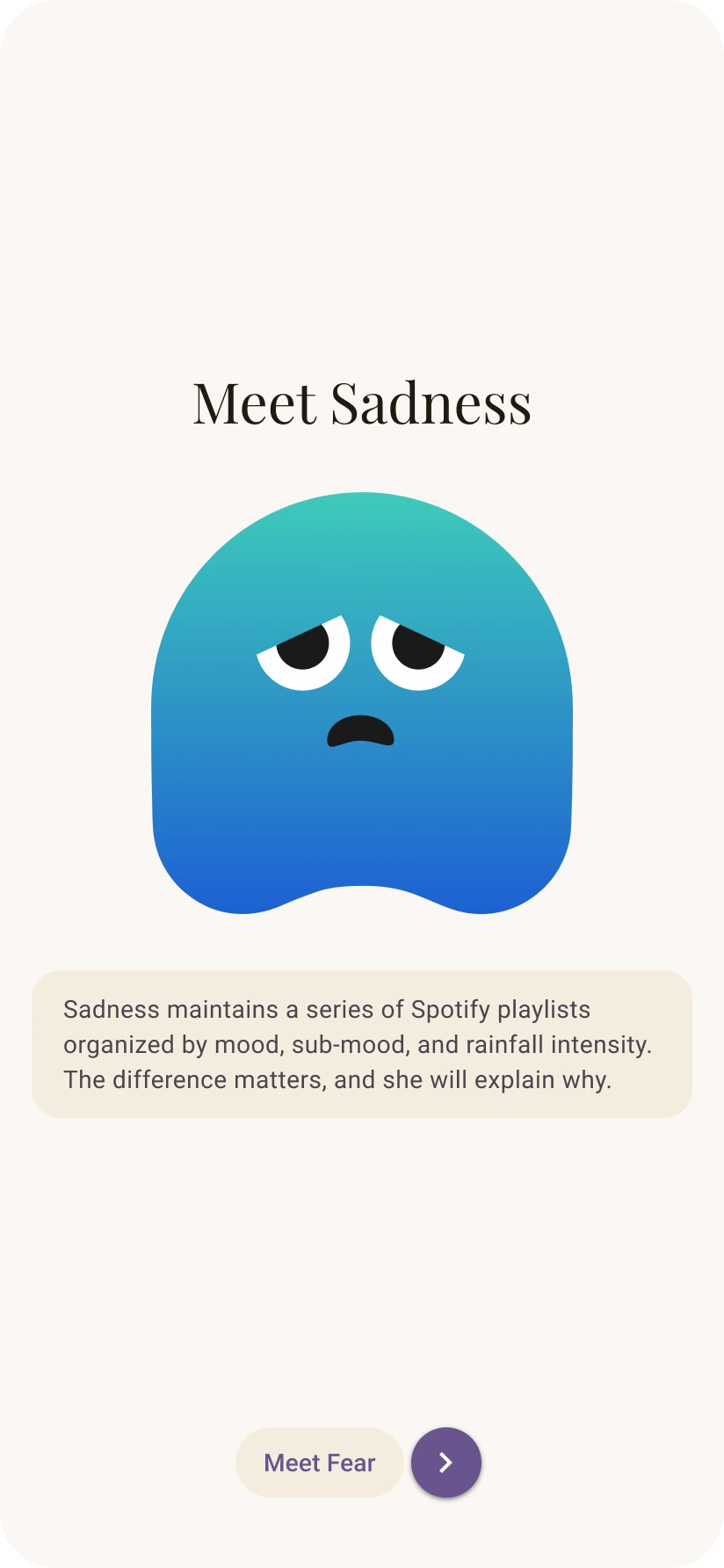 Meet Sadness emotion screen